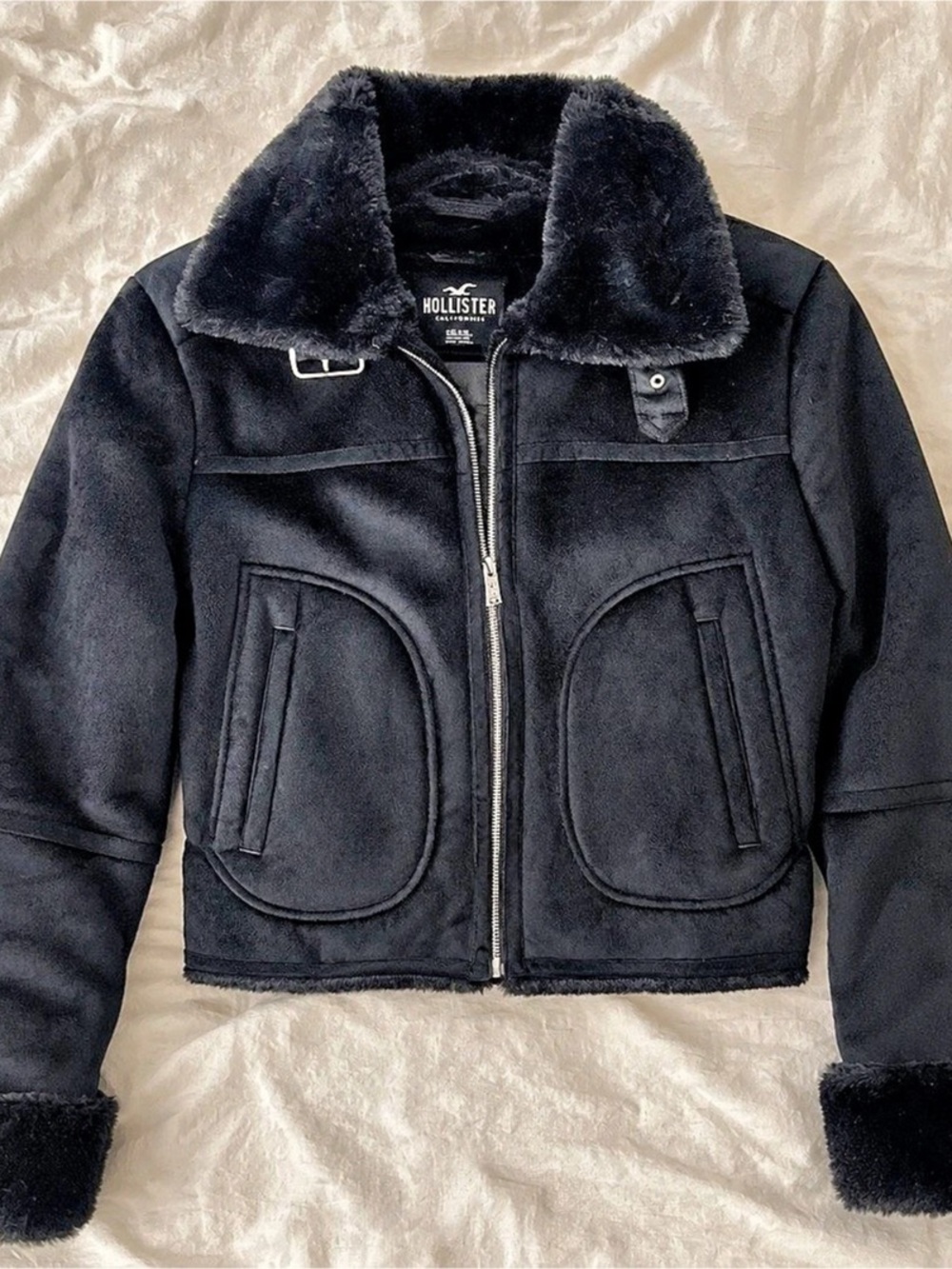 Hollister Faux Suede Shearling Aviator Jacket in Black